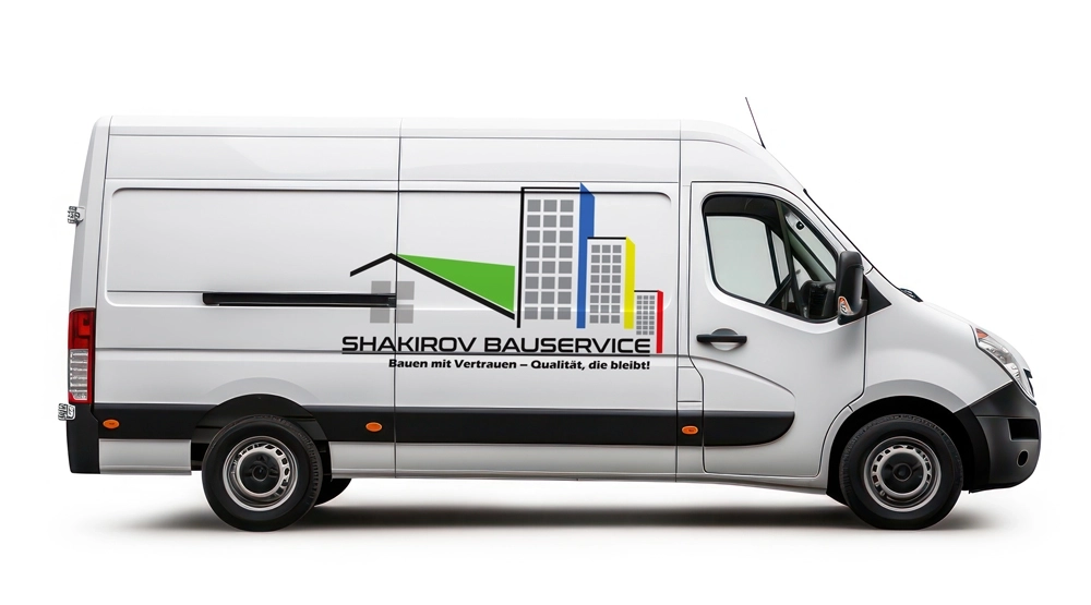 Firmenbus von Shakirov Bauservice mit Logo